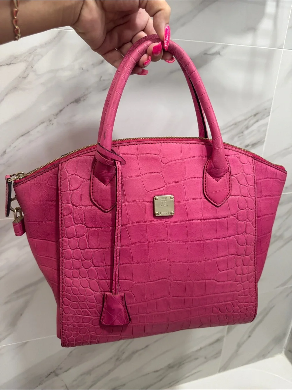 MCM Pink Croc Embossed Leather Zip Satchel 🔐 - Picture 1 of 15